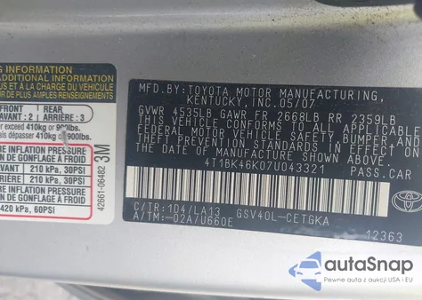 2007 Toyota Camry Le/Xle/Se из США, поврежденный, VIN 4T1BK46K07U043321